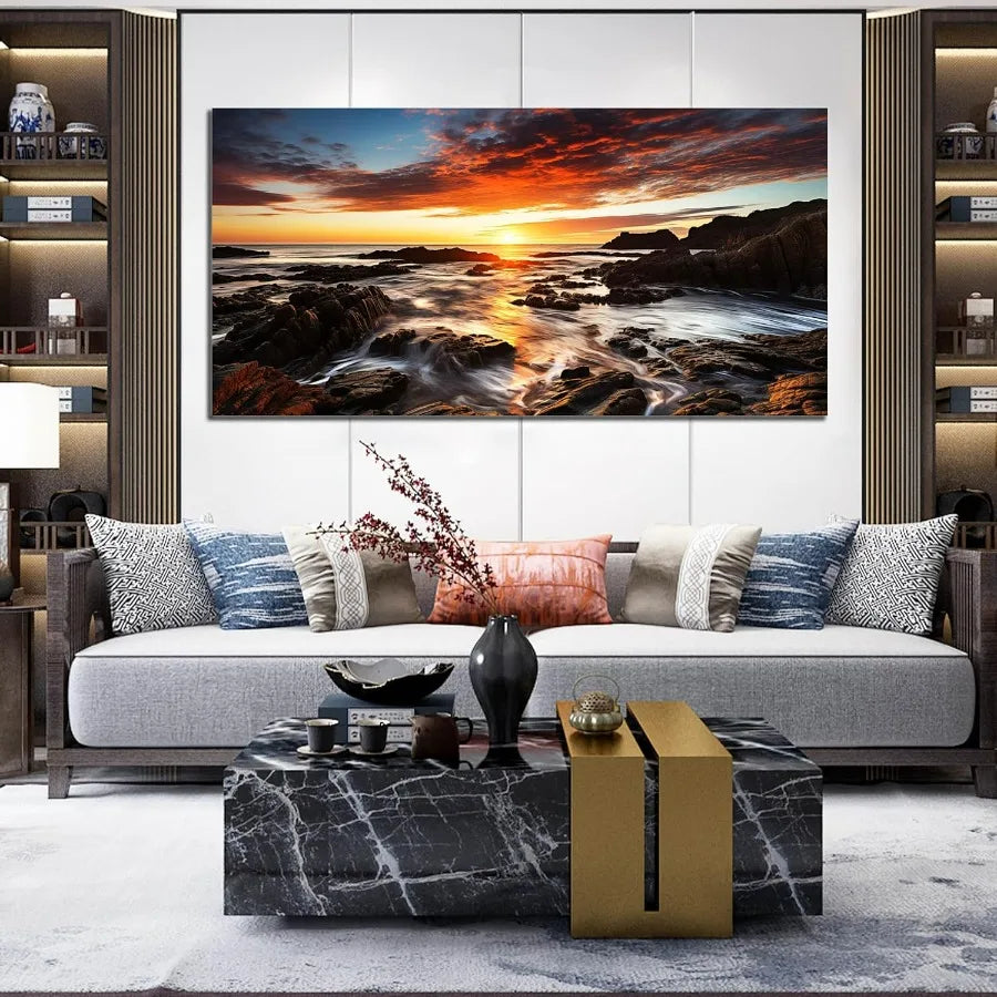 Large Natural Landscape Canvas Wall Art for Living Room, View of Ocean Sunset Panorama Wall-Decor Picture,59x29 Inches