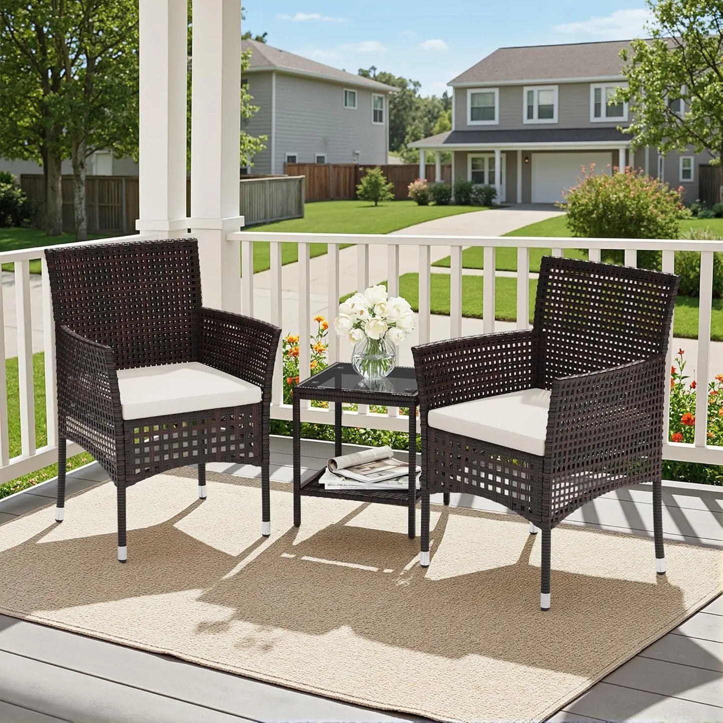 Outdoor 3 Piece Patio Furniture Set Wicker Chairs with Glass-top Coffee Table for Garden, Balcony, and Porch (Brown), Customized