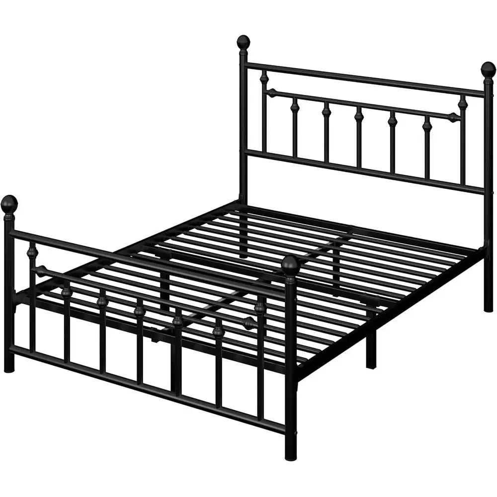 14 Inch Queen Metal Bed Frame with Vintage Headboard, Footboard, Underbed Storage, No Box Spring Needed, Easy Assembly, Black