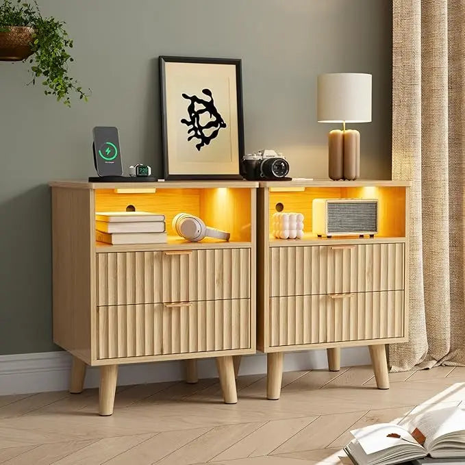 Fluted Nightstand Set of 2 with Charging Station,LED Nightstand with 2 Drawers and Open Storage Cubby, Modern Bedside,Customized