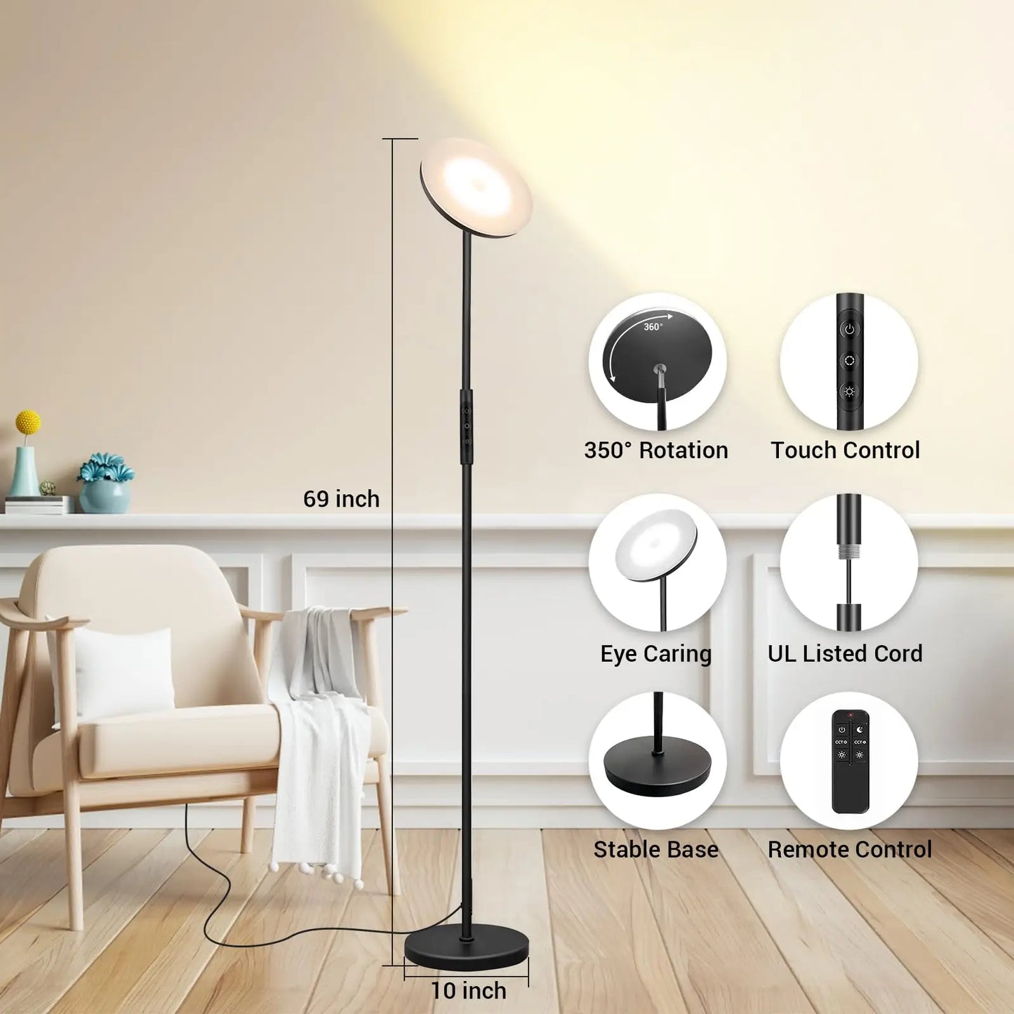 Upgraded Floor Lamp, 36 Watts 3600 Lumens, Super Bright Led Floor Lamp, Suitable for Living Room, Bedroom, Office, Modern Dimmable Tall Floor Lamp, with Remote Control