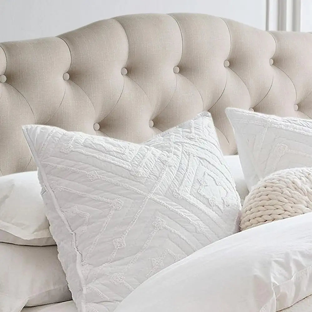 King-Size Classic Beige Linen Upholstered Adjustable Height Bed with Button Tufted Headboard