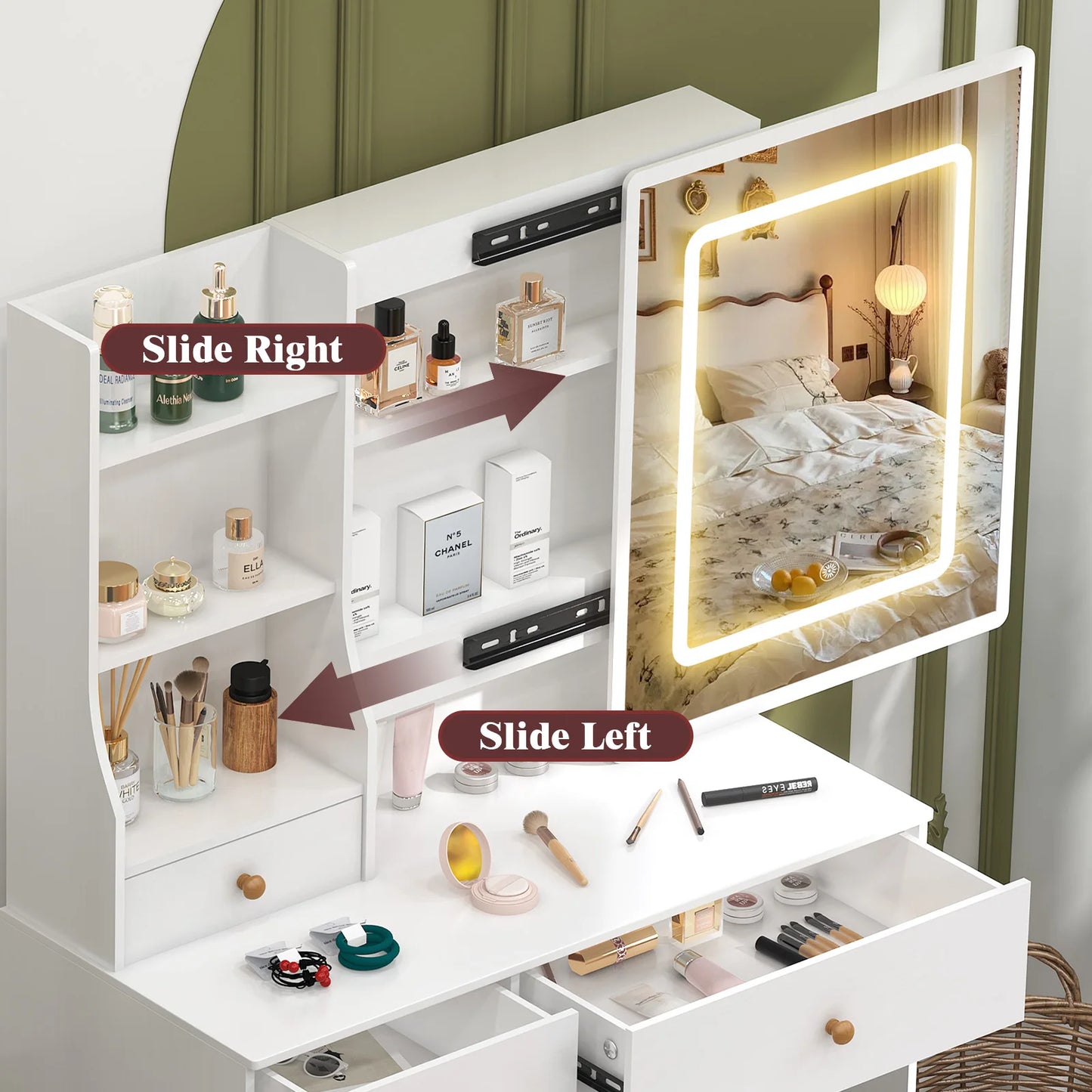 Teousev White Hollywood Vanity Set with Touch Control Dimmer LED Mirror 6 Drawers & Stool 3 Color Lighting Easy Assembly Bedroom