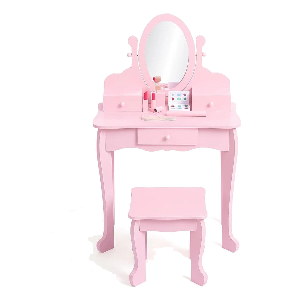 Kids' Vanity Set with Mirror, Makeup Table and Stool for Girls, Vanity Desk and Chair with Wood Makeup Playset for 4-9 Girls
