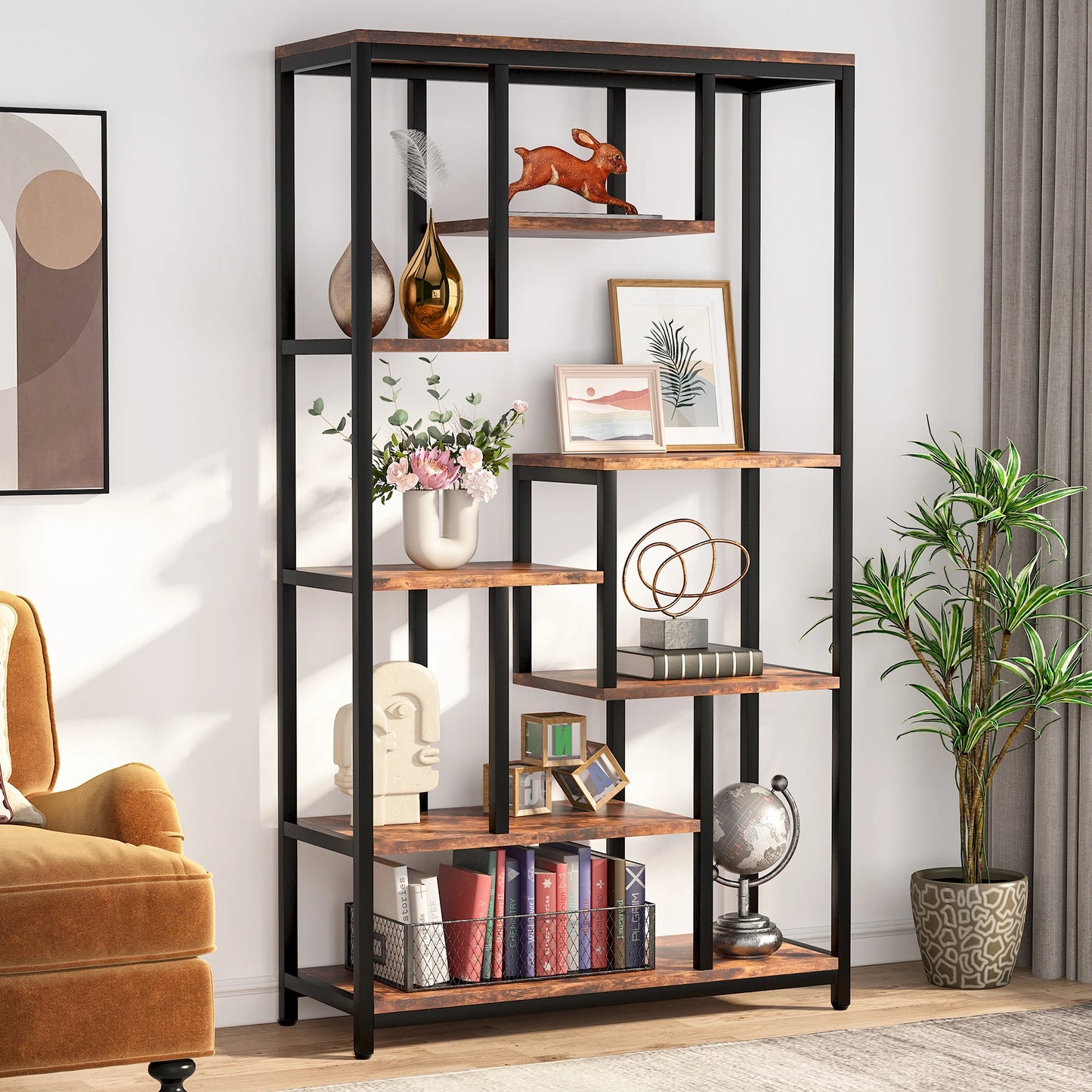 Tribesigns Modern 8-Tier Staggered Bookcase -, Wide Wood Etagere Shelving Unit