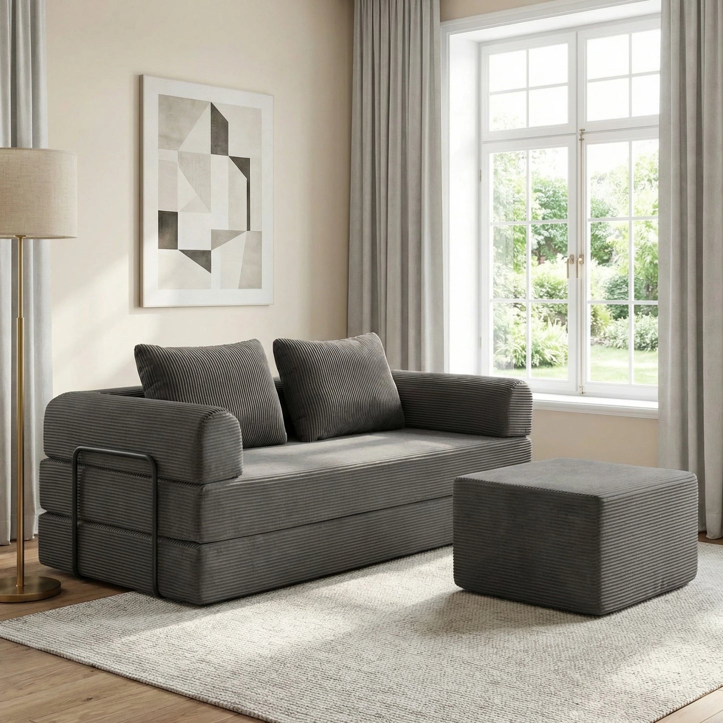 78" Modular Corduroy Sofa Bed with Ottoman, 5in1 Folding Floor Mattress Couch,Sleeper Sofa with Fixed-Shape Frame,Futon Sofa Bed