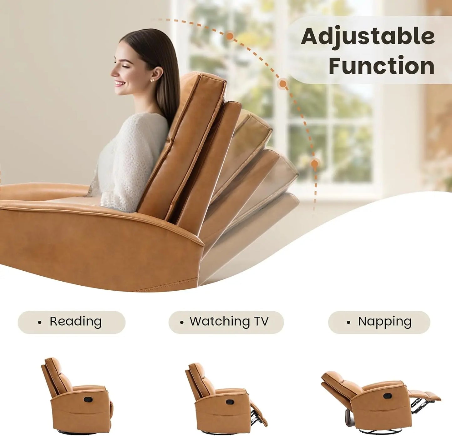 Leather Recliner Chair with 360° Swivel, Rocker Glider for Nursery, Living Room, Small Spaces - Brown