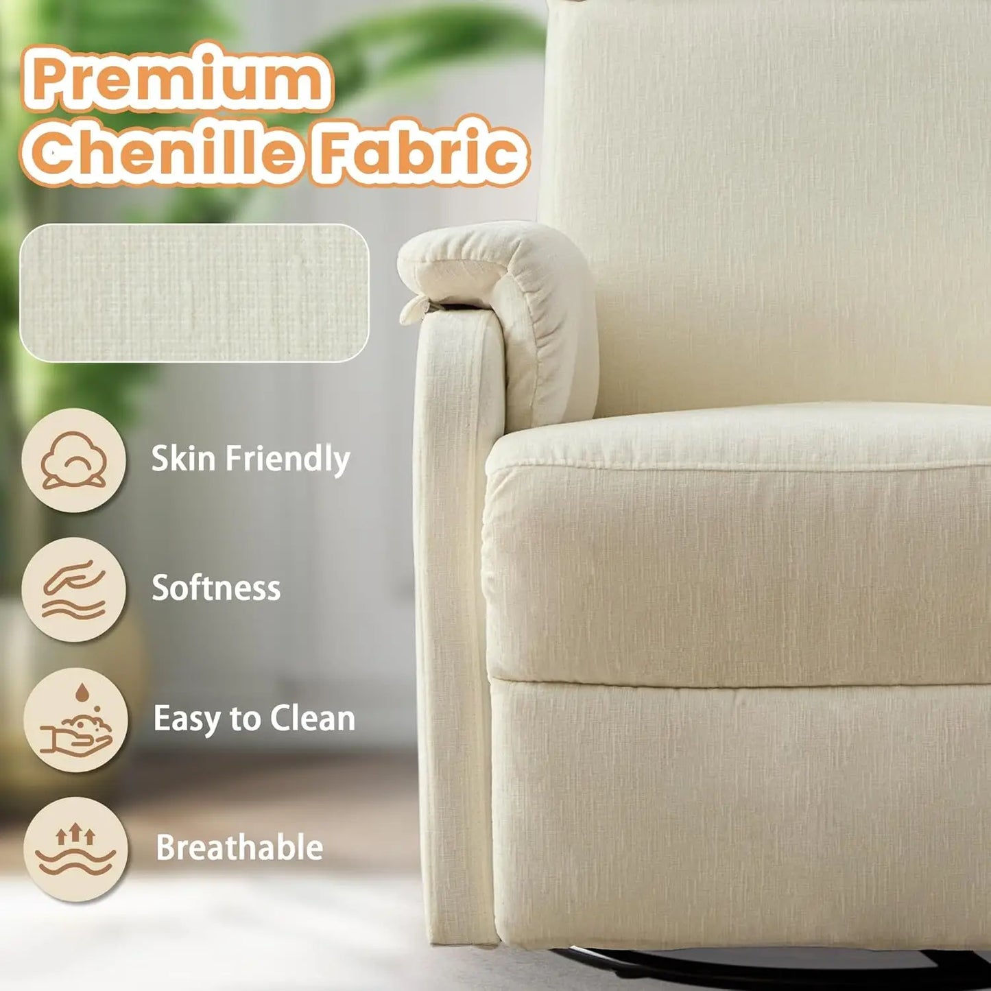 Swivel Rocking Recliner Chair, 360° Rotating Glider with Footrest, Chenille Fabric, Beige for Living Room Nursery