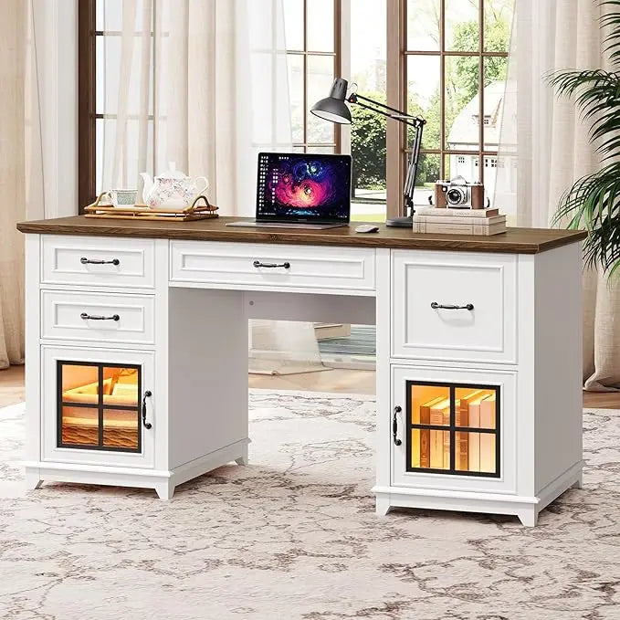 58" Farmhouse Executive Desk, Farmhouse Computer Desk with Drawers & File Cabinet, Wooden Home Office Desk with,Customized