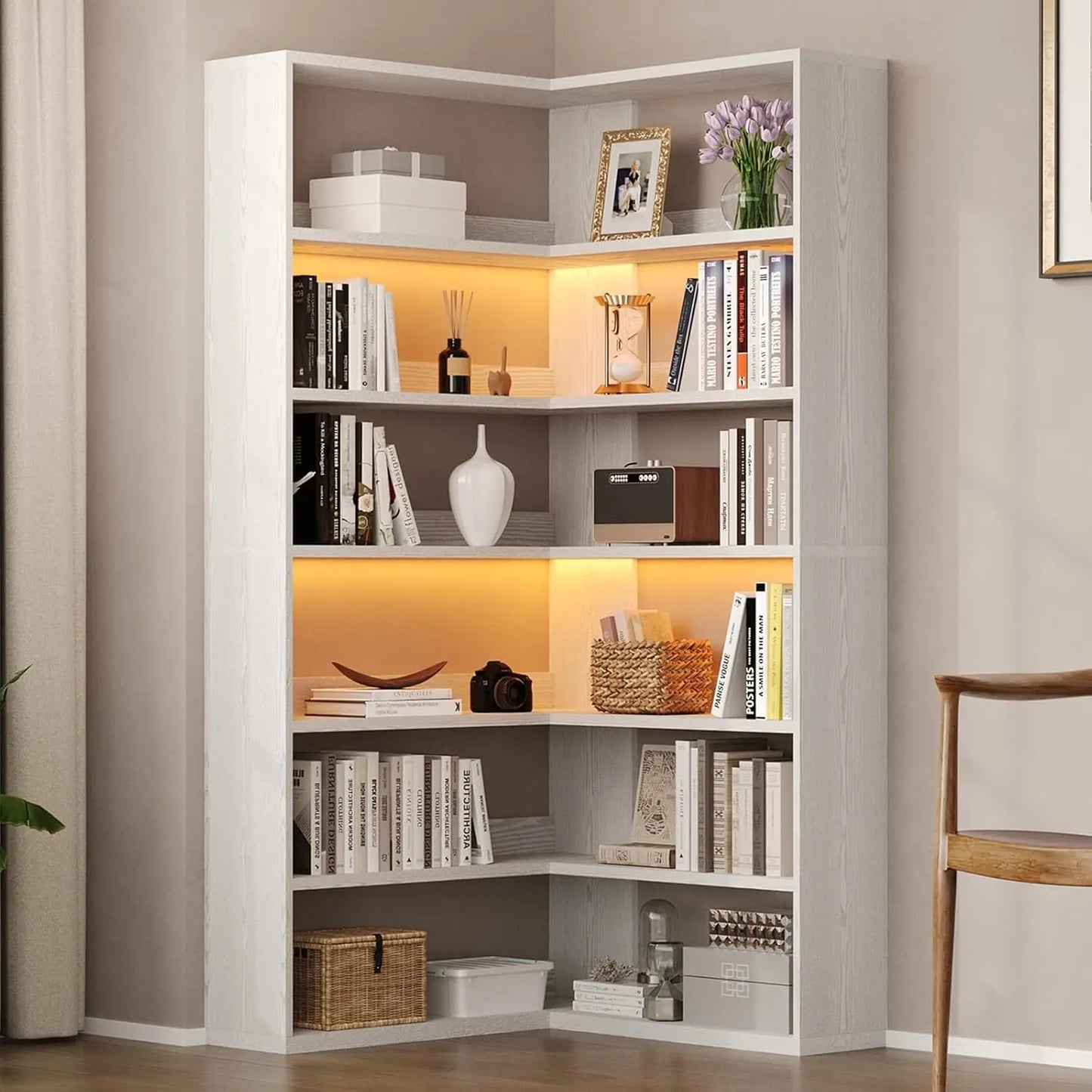 Corner Book Shelf with LED Lights, 71” High Coner Bookshelf with Storage for Living Room, Study Room, Modern, Customized