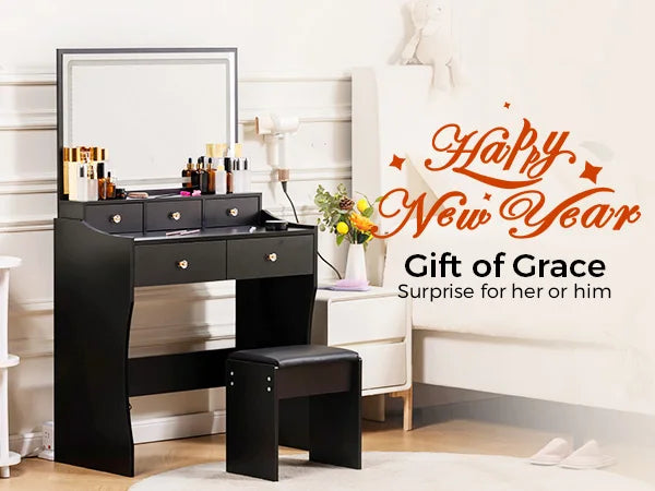 Comhoma Vanity Table and Chair Set with 4 Drawers and Charging Station, Bedroom Dresser Led Mirror Stepless Dimmable