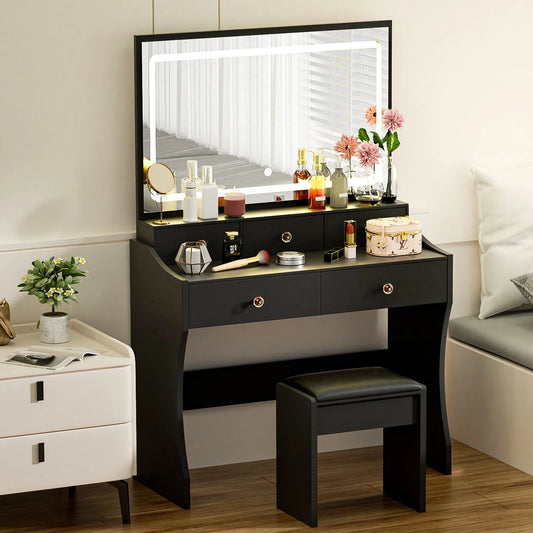 Comhoma Vanity Table and Chair Set with 4 Drawers and Charging Station, Bedroom Dresser Led Mirror Stepless Dimmable