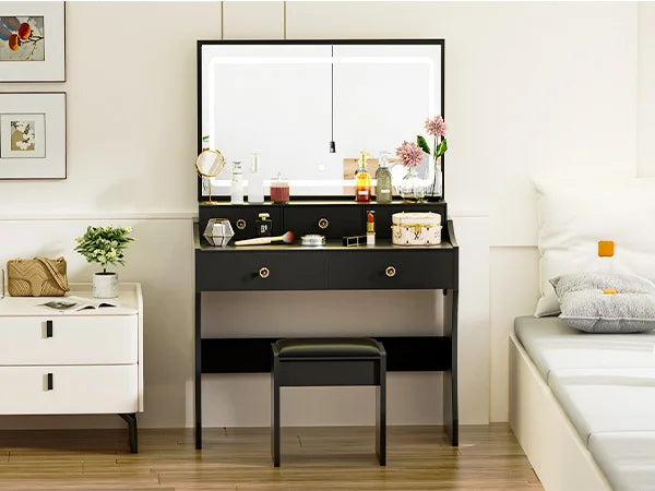 Comhoma Vanity Table and Chair Set with 4 Drawers and Charging Station, Bedroom Dresser Led Mirror Stepless Dimmable