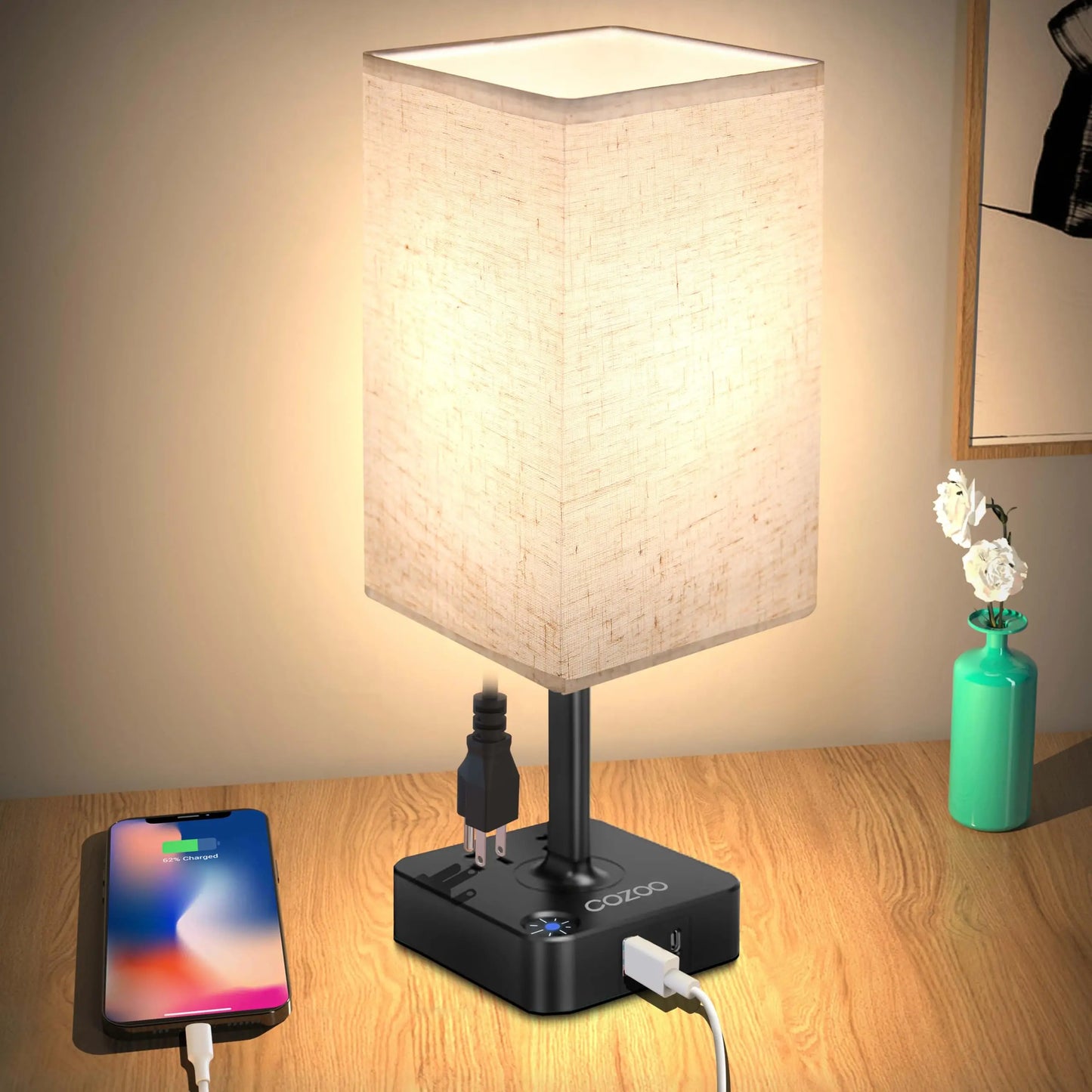 Dimmable LED Table Lamp with 2 USB Ports & 2 Outlets: Black Base Fabric Shade for Home Office & Living Room