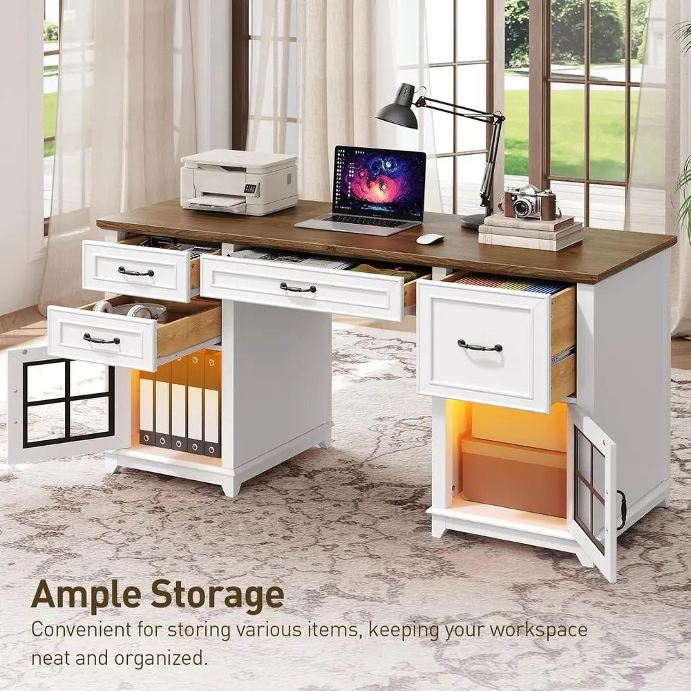 58" Farmhouse Executive Desk, Farmhouse Computer Desk with Drawers & File Cabinet, Wooden Home Office Desk with，Customized