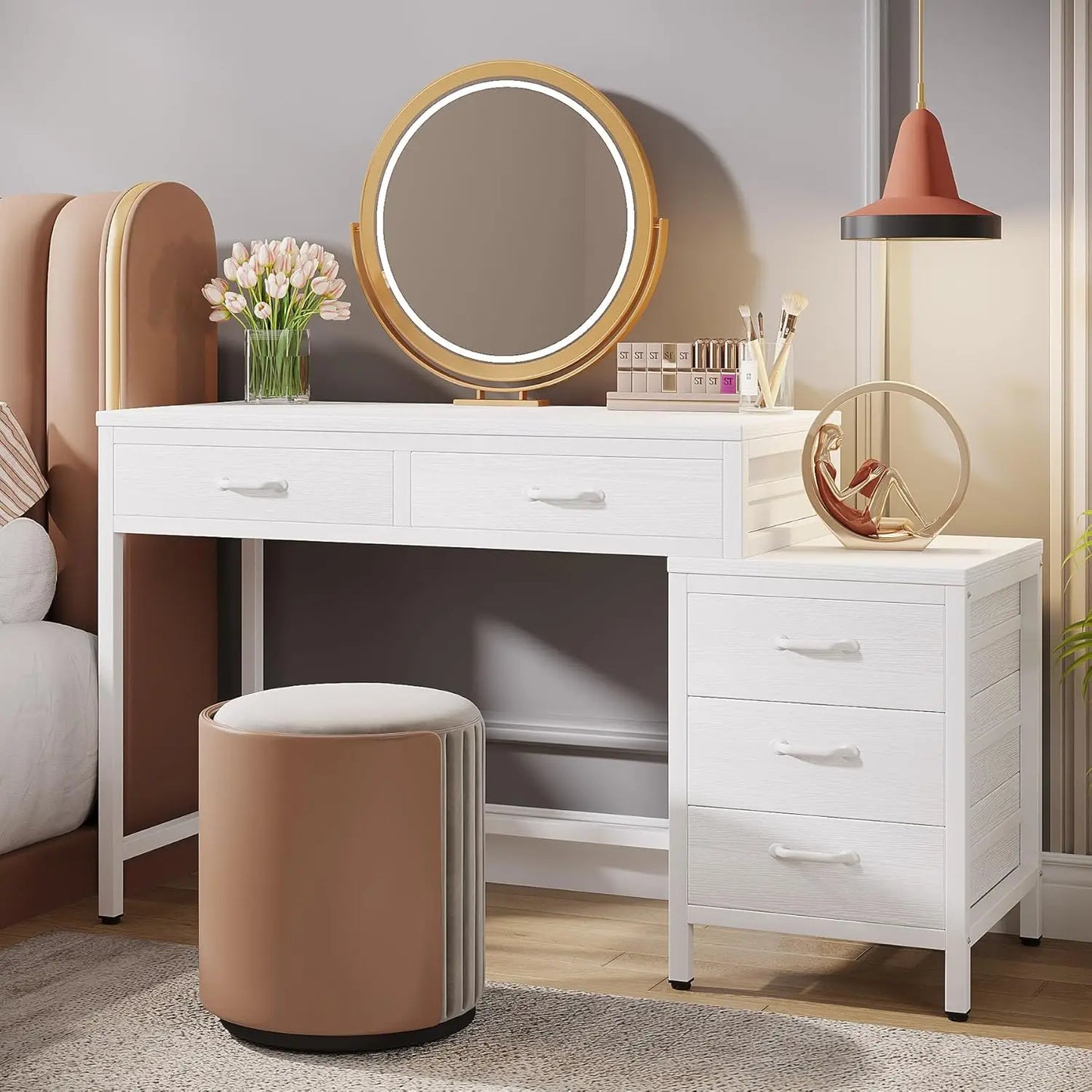 Vanity Desk with 5 Drawers, Makeup Vanity Table Dressing Table with Side 3-Drawer Chest, Make Up Vanities for, Customized