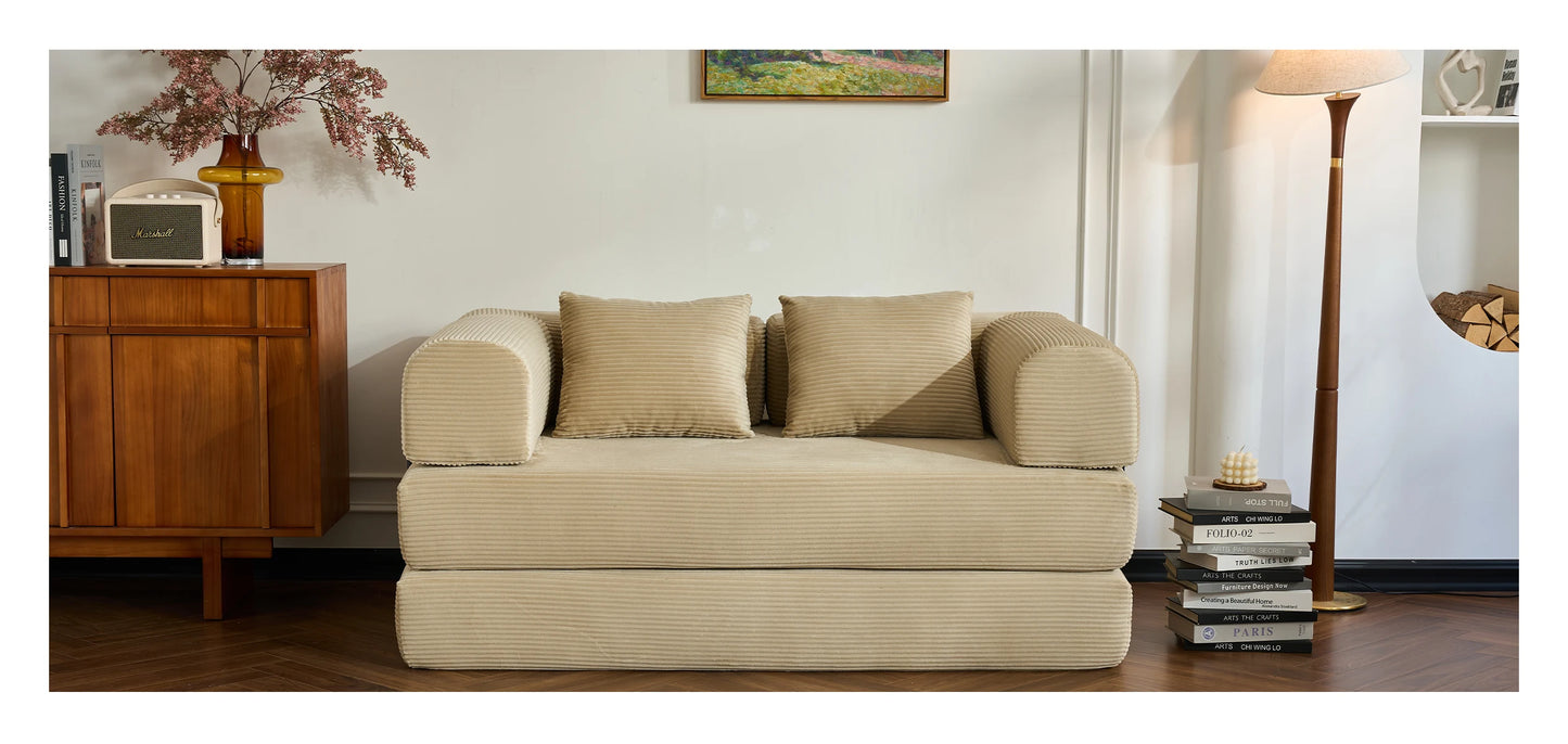 59’’ Convertible Sofa Bed Corduroy Upholstered Boneless Couch, Loveseat Fold Out Small Floor Sleeper for Living Room