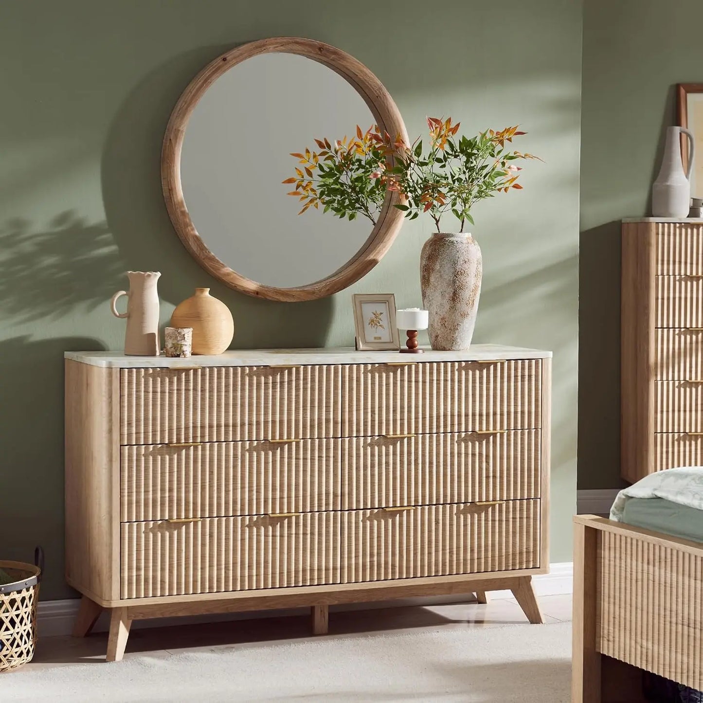 Fluted 6 Drawers Dresser, 54" Wide Modern Chest of Drawers with Faux Marble Top, Curved Profile Design, Dresser TV, Customized