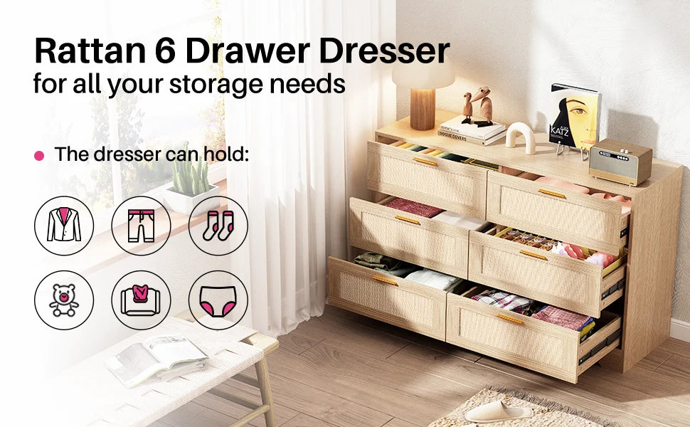 REDLIFE 47.24" Rattan Dresser with 6 Drawers ,Modern Chest Wood Storage Closet w/ Golden Handles for Bedroom Living Room Hallway