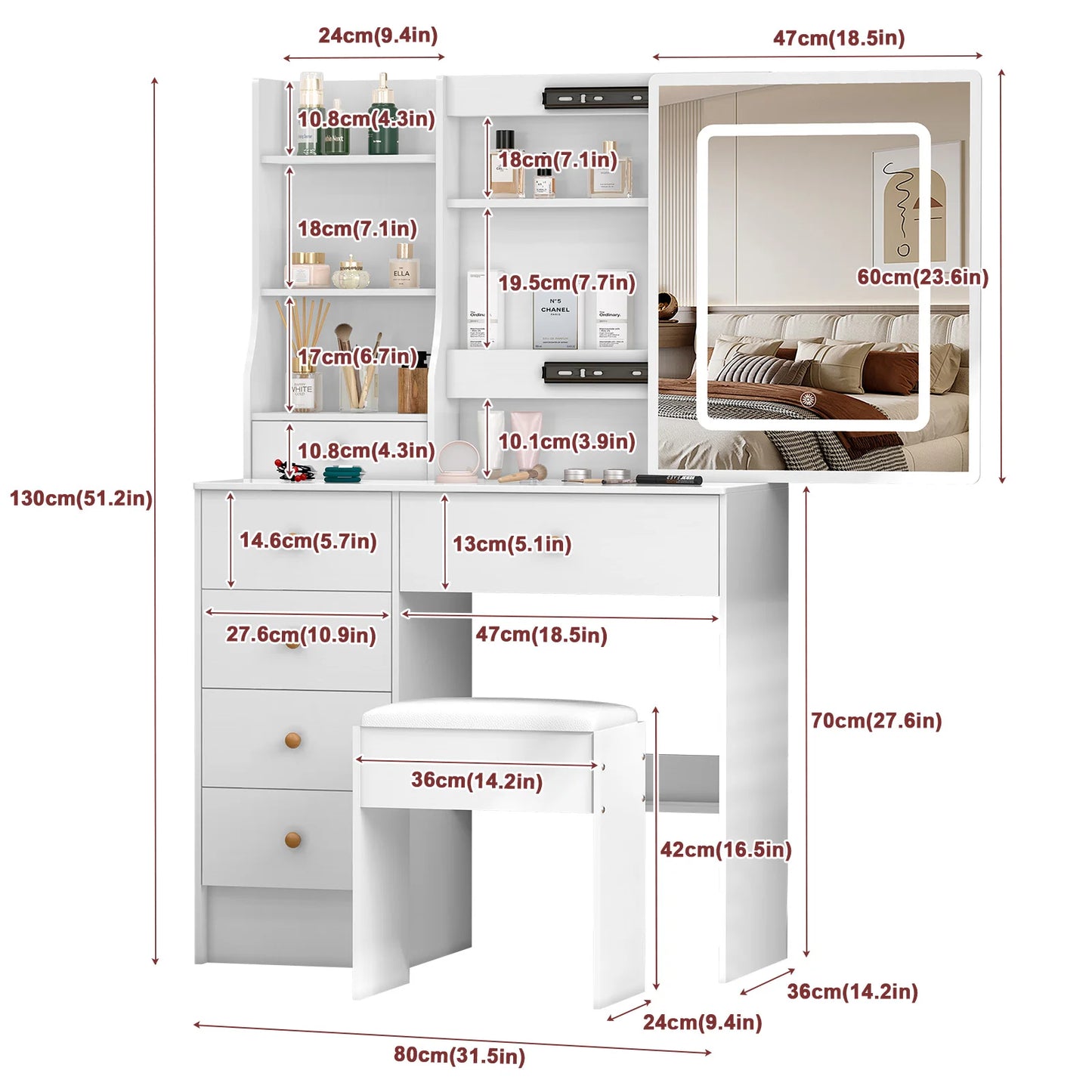 Teousev White Hollywood Vanity Set with Touch Control Dimmer LED Mirror 6 Drawers & Stool 3 Color Lighting Easy Assembly Bedroom