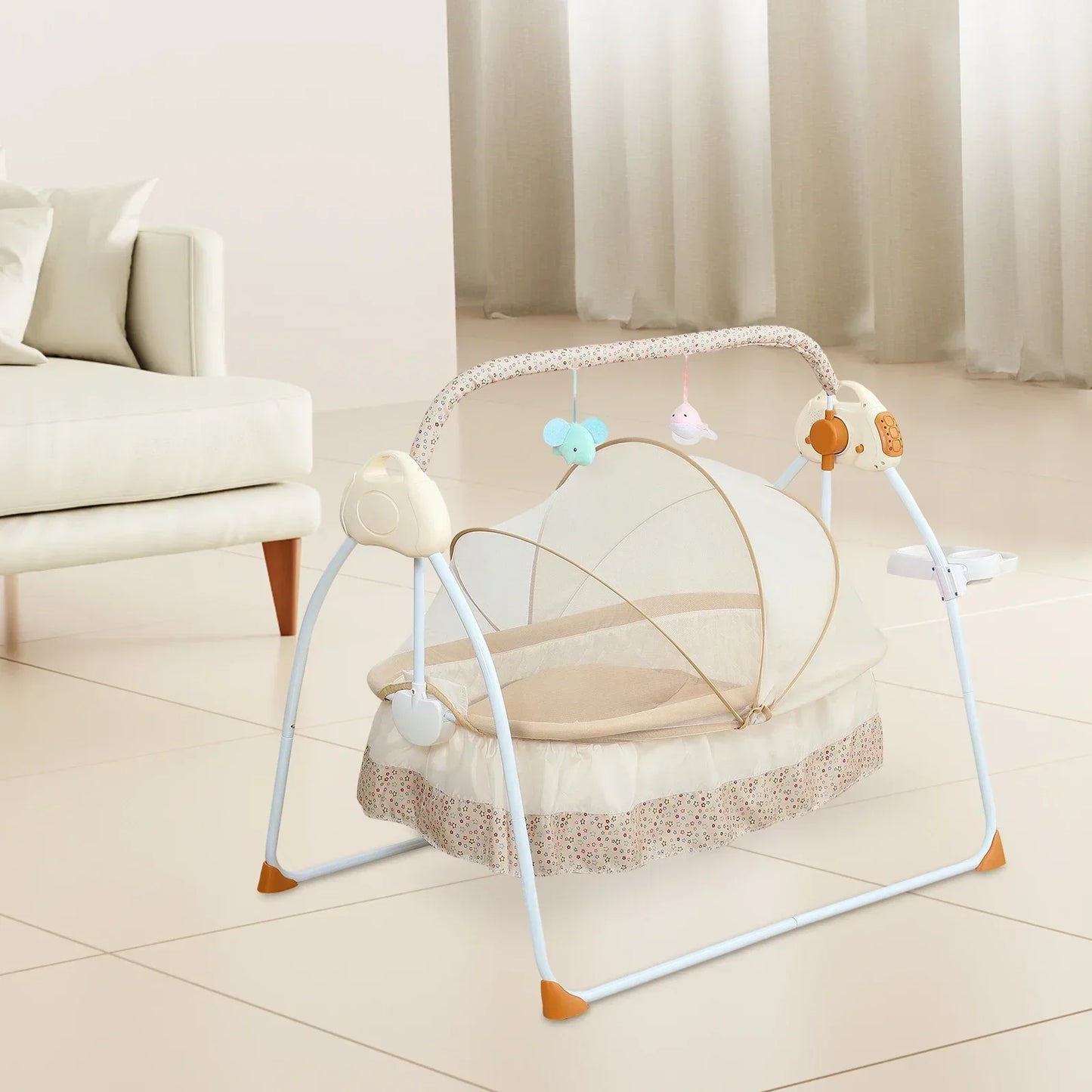 Electric Baby Cradle 5 Speed Baby Swing Foldable Portable 55lbs Capacity With Remote Control for 0-18 Months Living Room (Khaki)