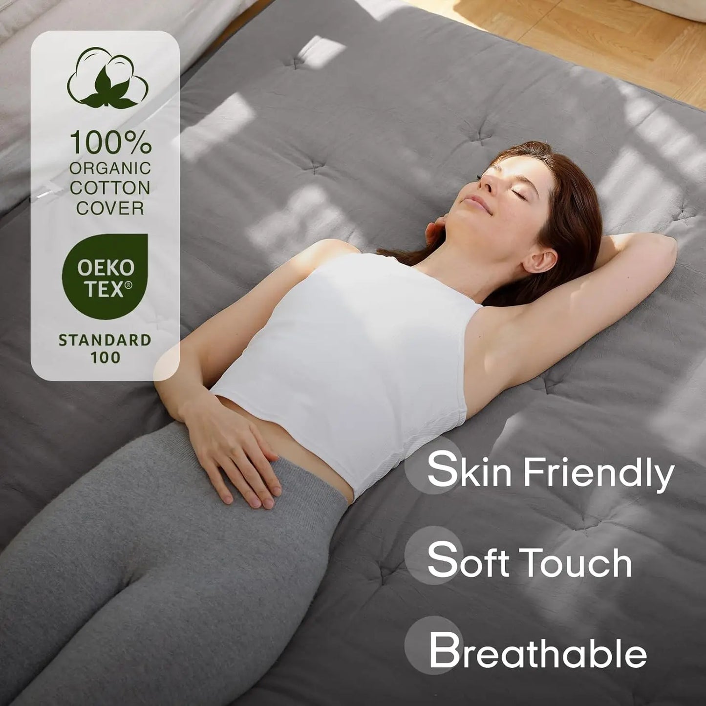Japanese Floor Futon Mattress Queen Size 80x60 Inches, 100% Cotton Cover, Foldable Tatami Mat for Portable Sleeping