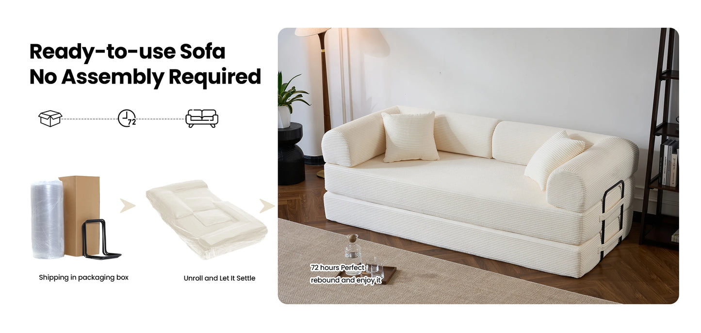 79’’ Folding Convertible Sofa Bed Corduroy Upholstered Boneless Couch, Loveseat Sleeper Floor Sofa for Living Room Bedroom