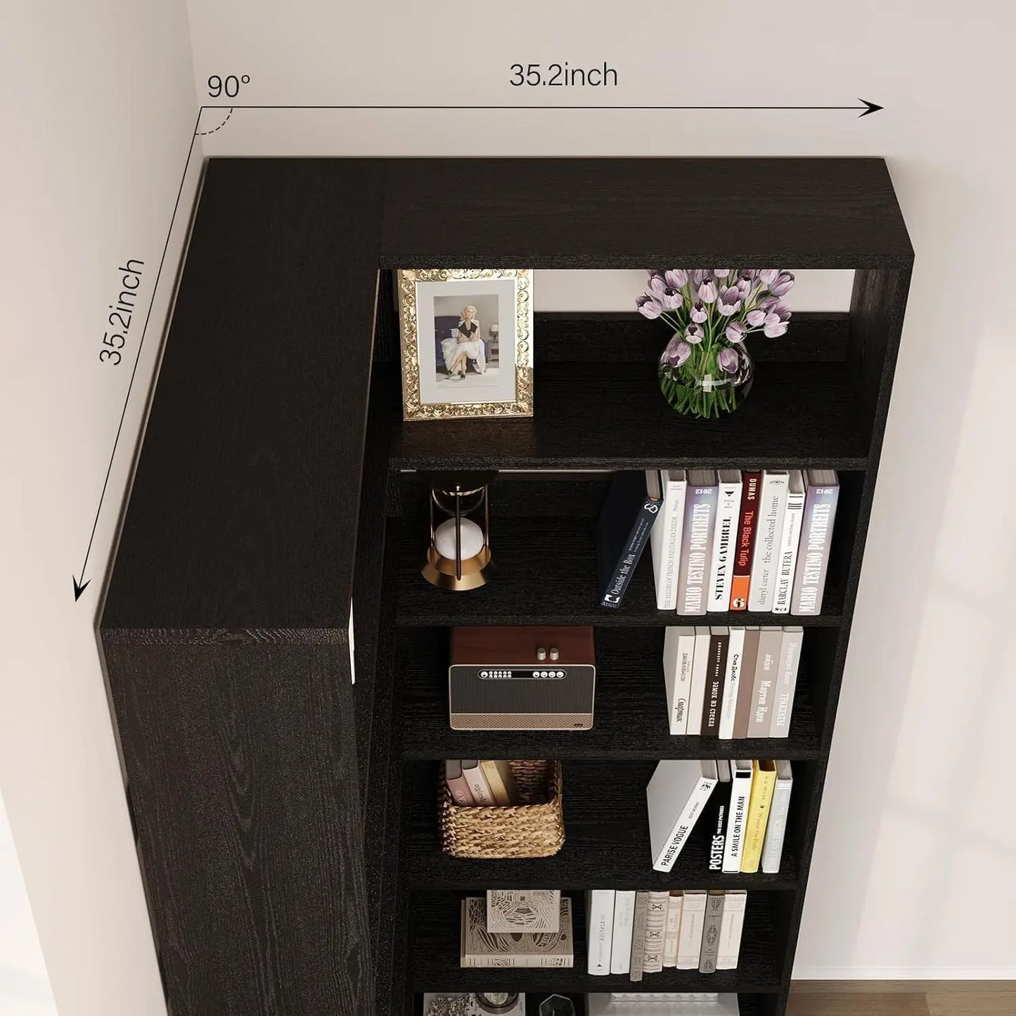 Corner Book Shelf with LED Lights, 71” High Coner Bookshelf with Storage for Living Room, Study Room, Modern, Customized