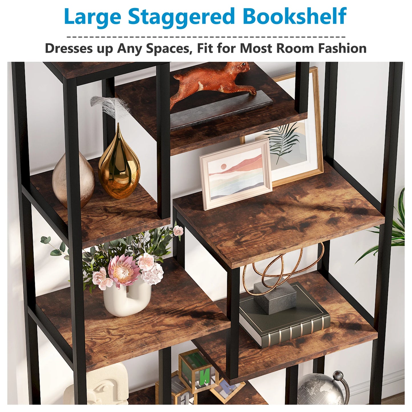 Tribesigns Modern 8-Tier Staggered Bookcase -, Wide Wood Etagere Shelving Unit