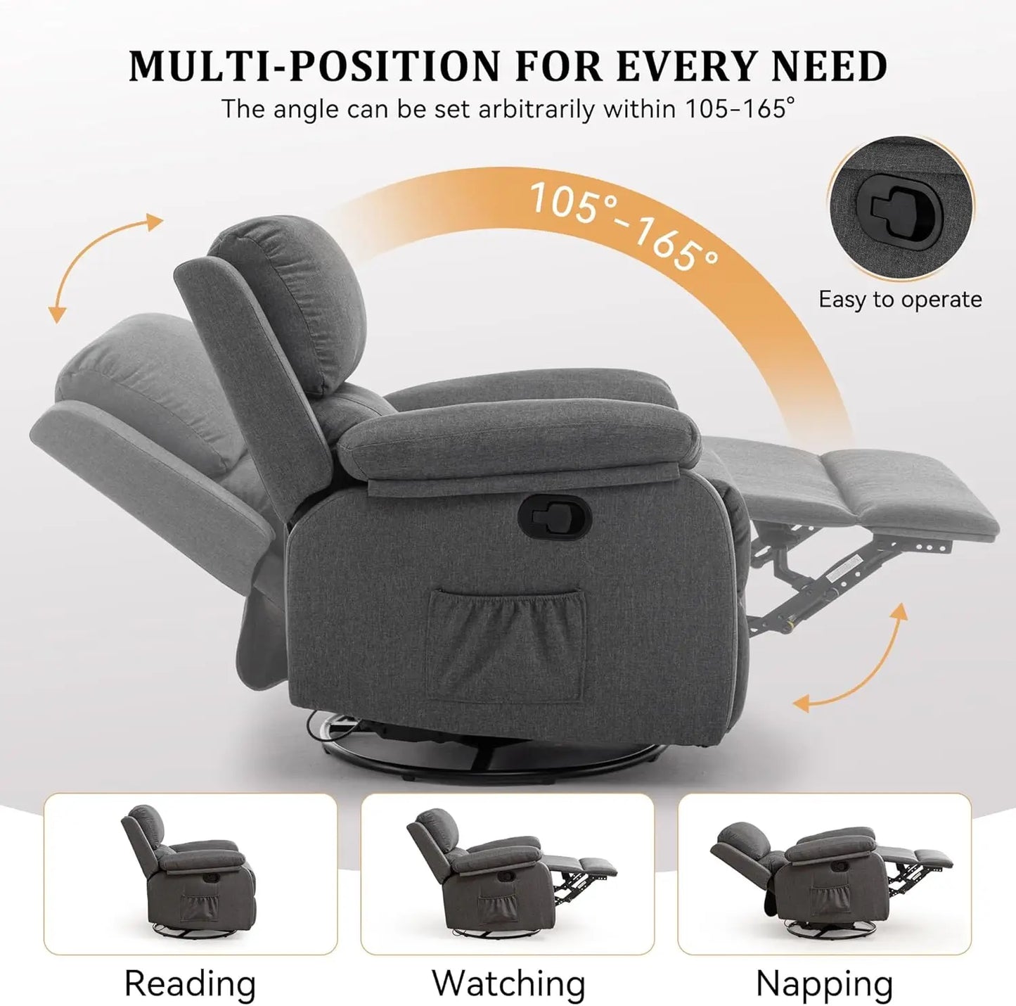 360 Swivel Rocker Recliner Chair for Adults, Small Space Fabric Glider with Tool-Free Assembly