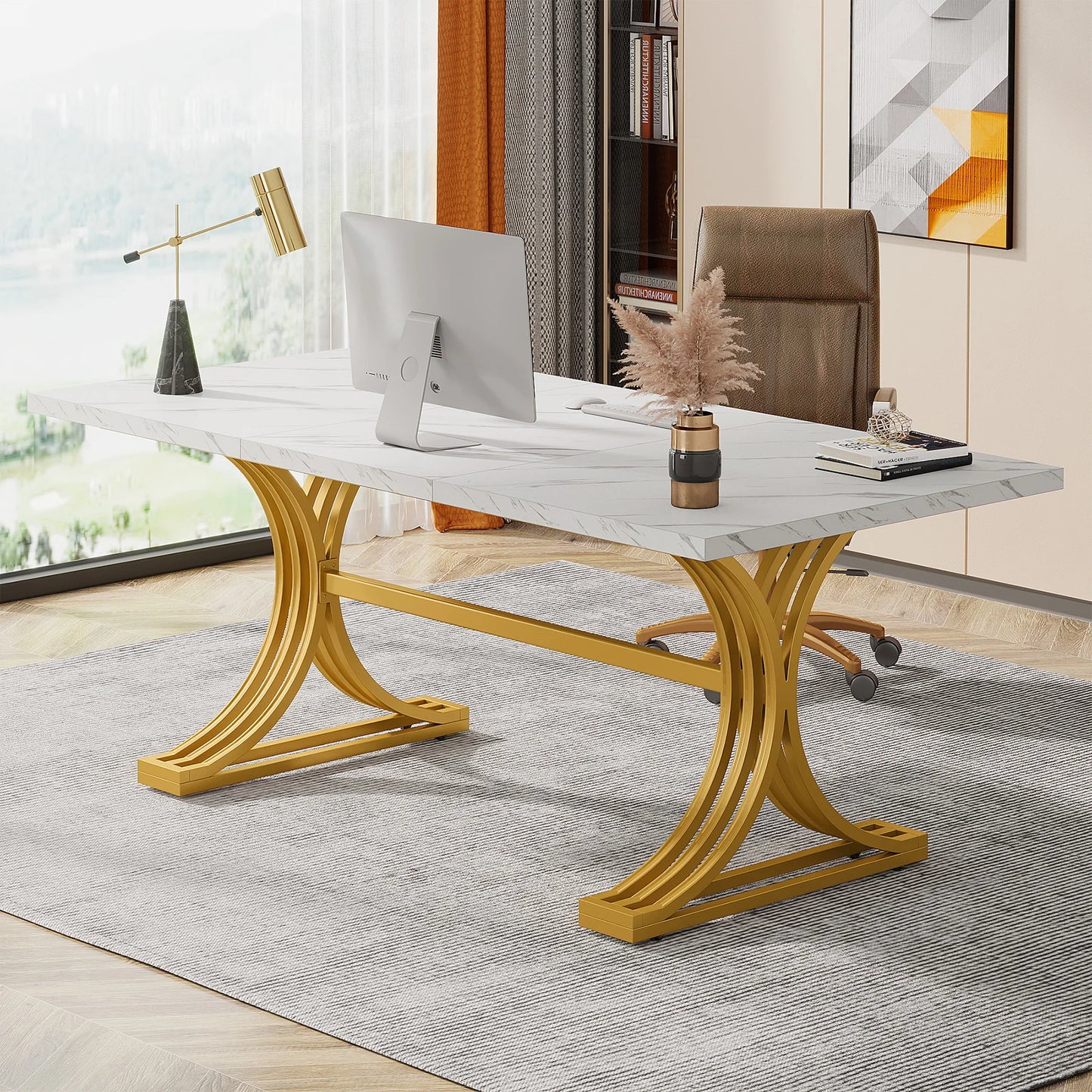 Tribesigns Modern Office Desk, 70.9" Wooden Computer Desk,Executive Desk with Gold Metal Legs, Large Workstation Home Office