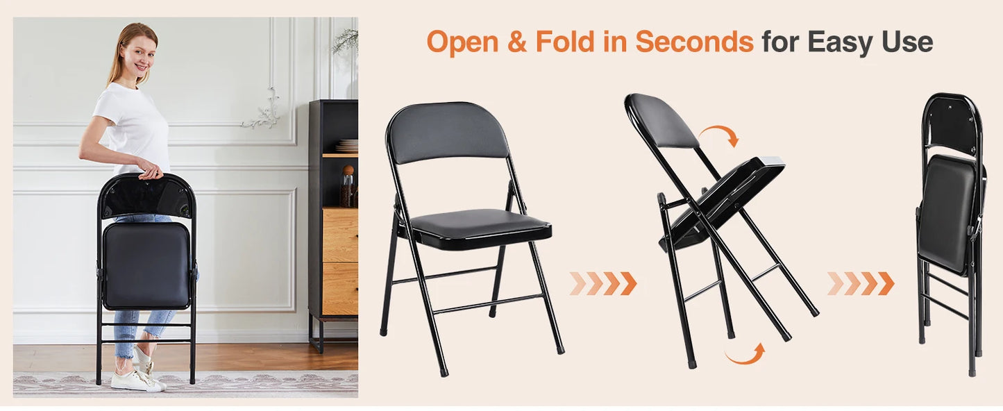 JHK Leather Padded Folding Chair 4 Pack Sturdy Metal Living Room Rocking Dinner Chairs Easy to Use Storage Outdoor Home Office