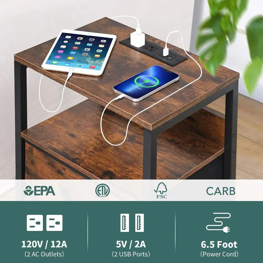 Nightstand with Charging Station, Small Night Stand with Fabric Drawers and Storage Shelf for Bedrooms, Small Spaces, Bedside T
