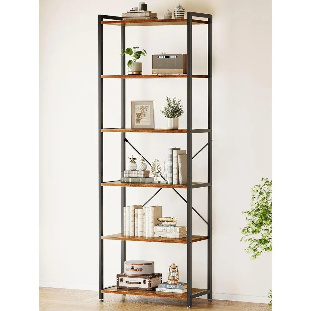 Book Shelf, 6 Tier Tall Bookshelf, Modern Wood Bookcase Shelves for Bedroom, Industrial Display Shelf for Living Room Home Offi