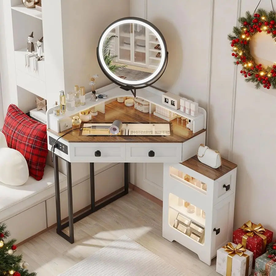 Corner Vanity with Mirror and Lights,Modern Makeup Vanity Set with Charging Station for Bedroom Cloakroom,Glass Top Vanity Table