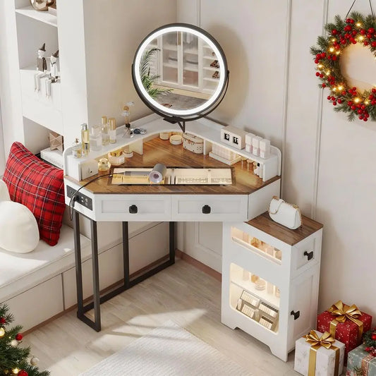 Corner Vanity with Mirror and Lights,Modern Makeup Vanity Set with Charging Station for Bedroom Cloakroom,Glass Top Vanity Table