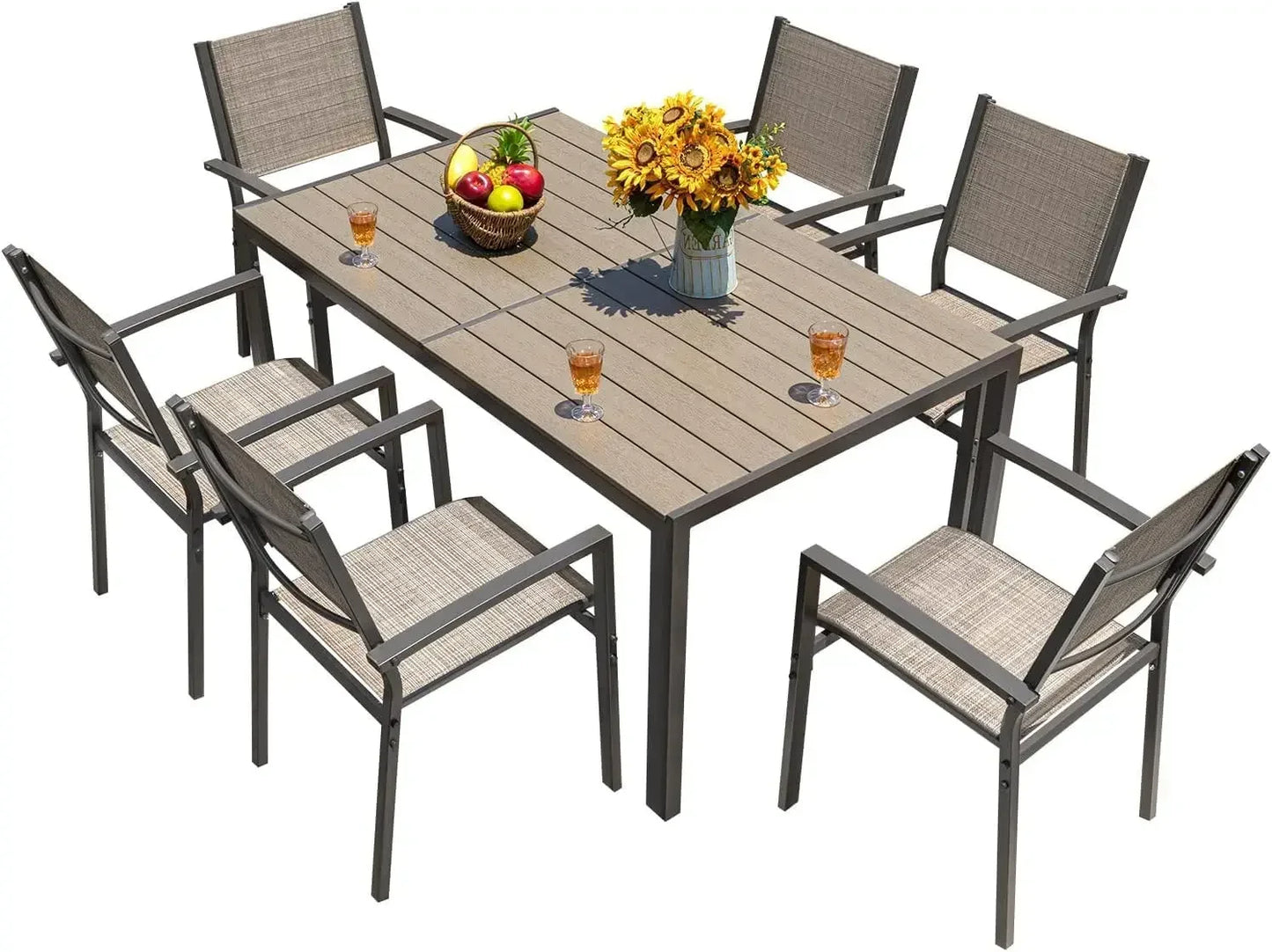HOT-Patio Dining Set 7 Pieces Outdoor Furniture with Large Table and 6 Textilene Chairs for Porch, Brown