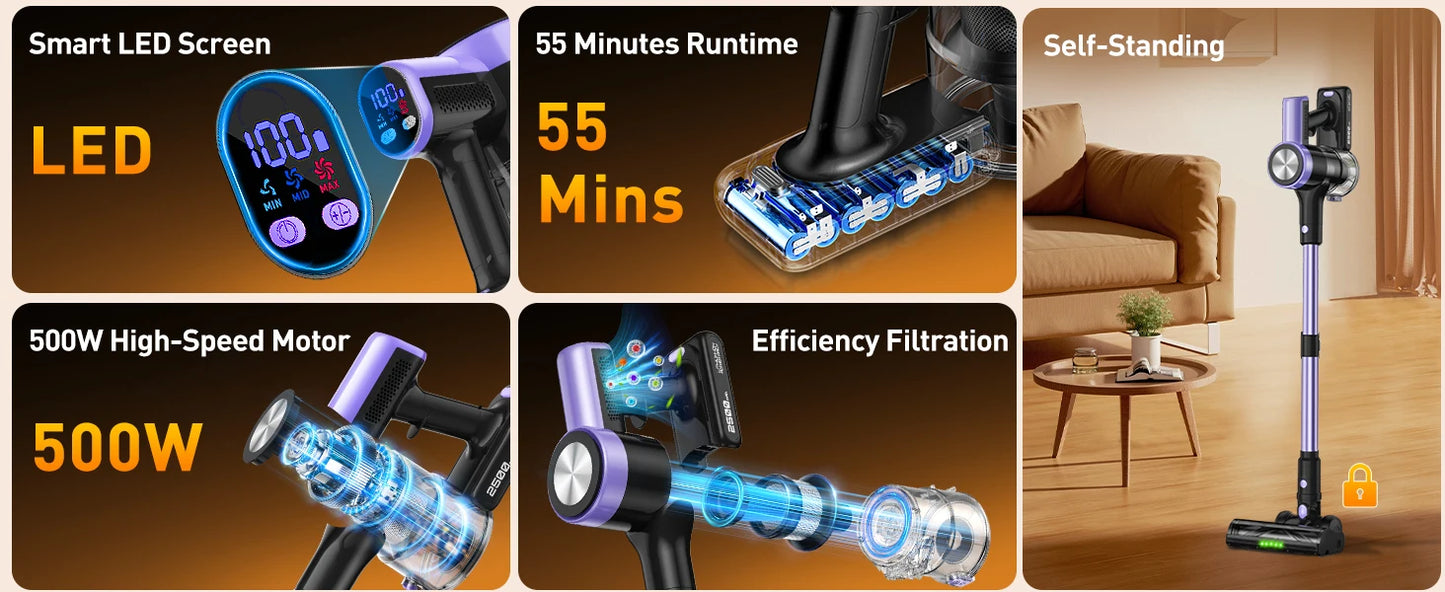 500W/55KPA Self-Standing Cordless Vacuum Cleaner,60 Mins Handheld Vacuum Cleaners,Smart LED Screen Vacuum for Carpet/Pet Hair