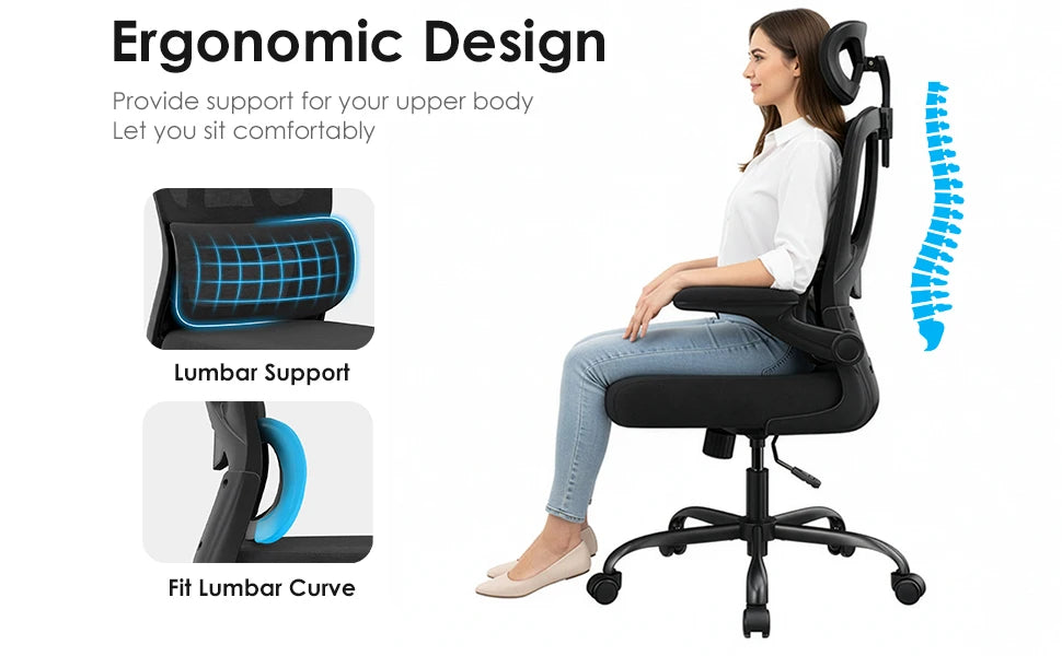 Ergonomic Office Chair, Desk Chair with Headrest and Lumbar Support, High Back Swivel Home Office Chair