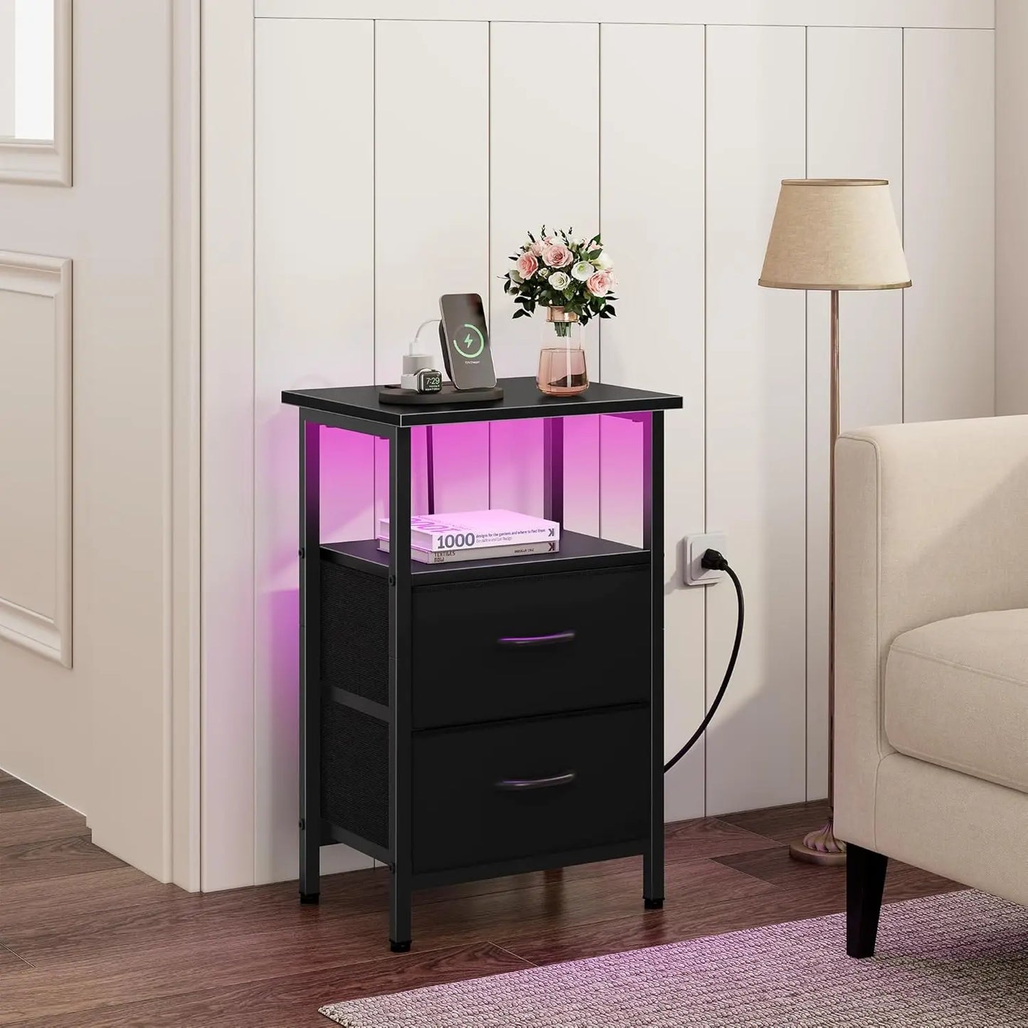 2-Piece Nightstand Set with LED Lights & Charging Station, 2 Fabric Drawers & Storage Shelves, Black Bedside Tables for Bedroom