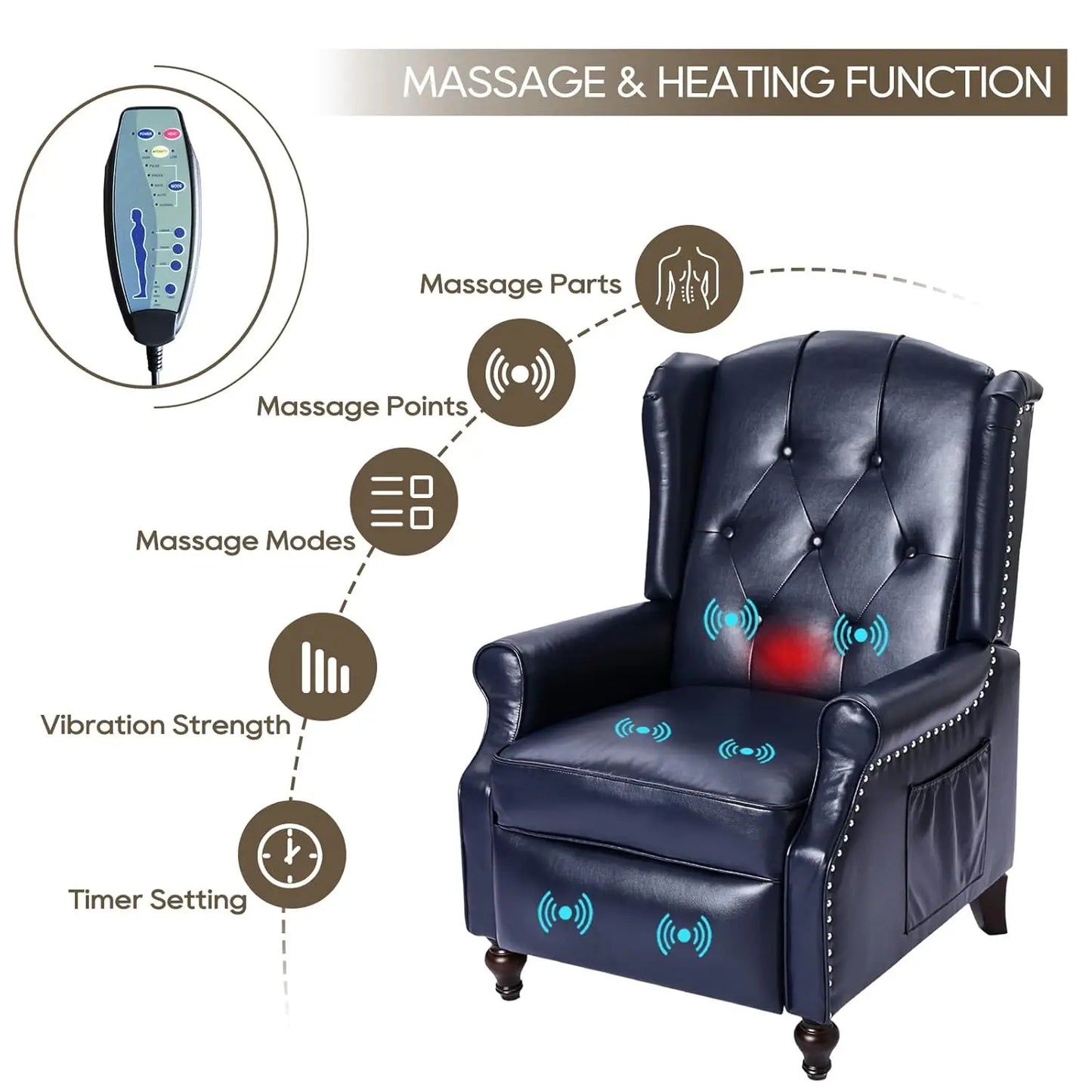 Wingback Recliner Chair with Massage and Heat PU Leather Push Back Arm Chair, Recliner Chair for Living Room, Customized