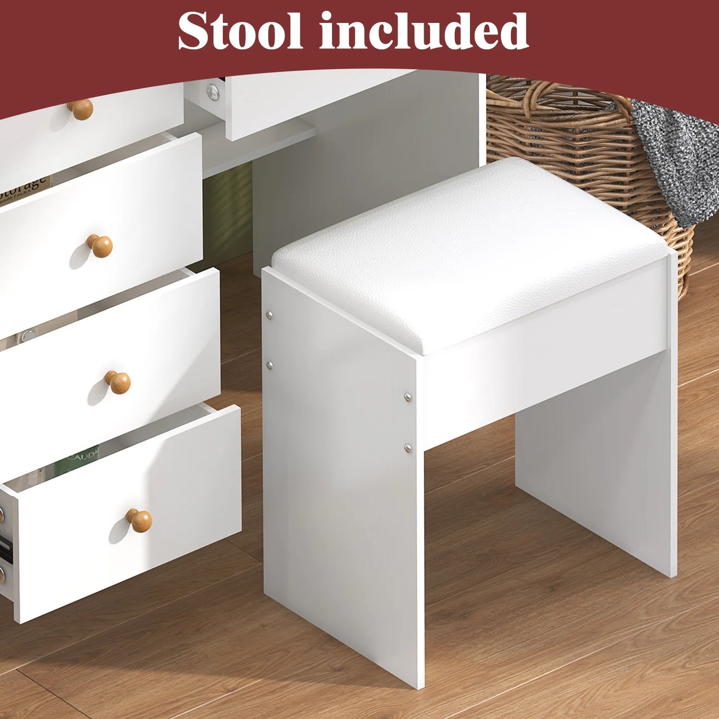 Teousev White Hollywood Vanity Set with Touch Control Dimmer LED Mirror 6 Drawers & Stool 3 Color Lighting Easy Assembly Bedroom