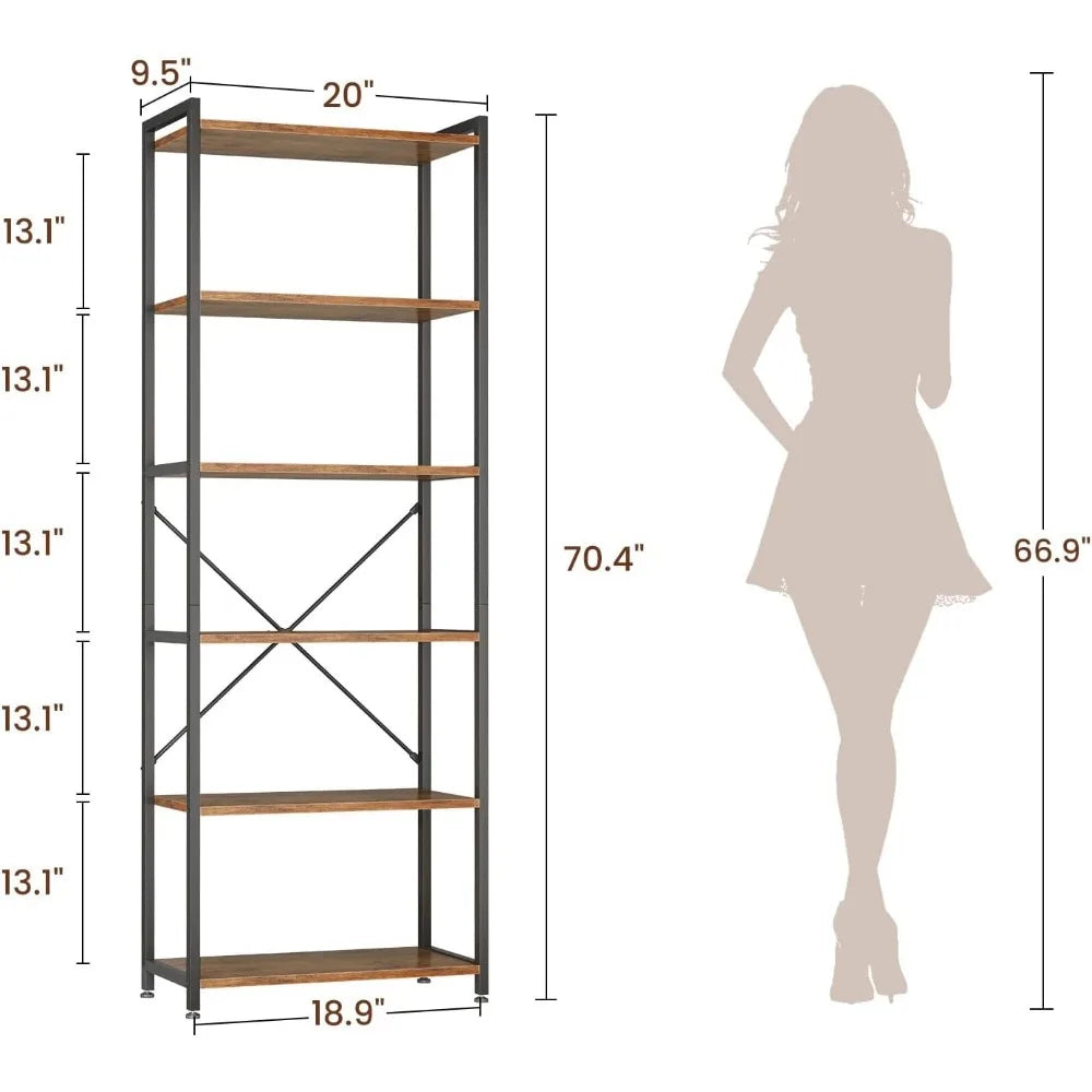 Book Shelf, 6 Tier Tall Bookshelf, Modern Wood Bookcase Shelves for Bedroom, Industrial Display Shelf for Living Room Home Offi