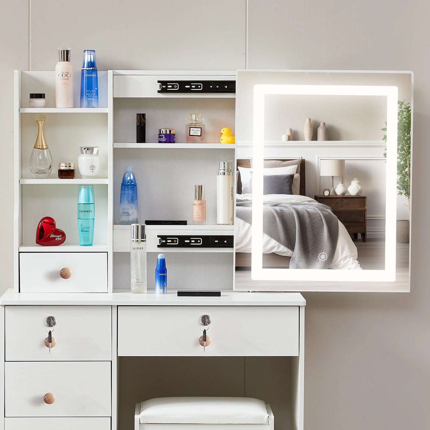 Teousev White Hollywood Vanity Set with Touch Control Dimmer LED Mirror 6 Drawers & Stool 3 Color Lighting Easy Assembly Bedroom