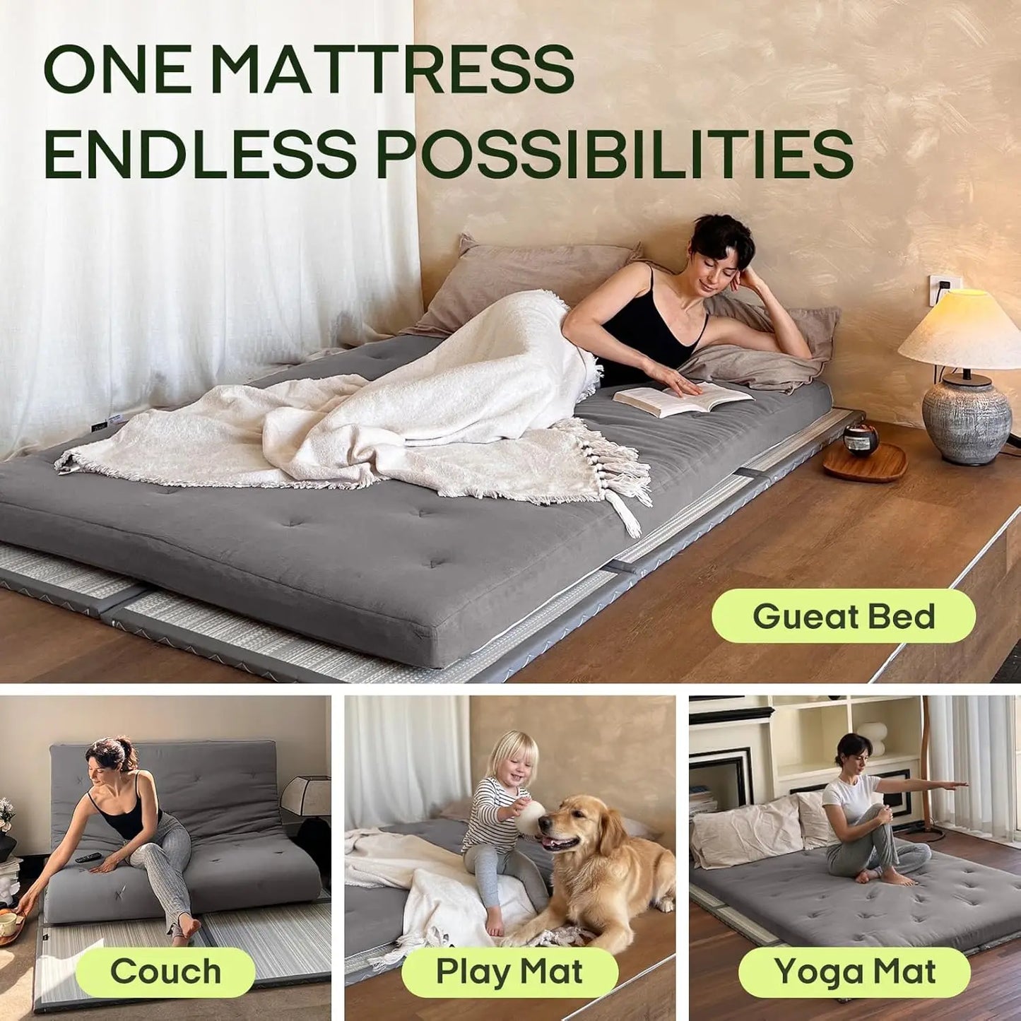 Japanese Floor Futon Mattress Queen Size 80x60 Inches, 100% Cotton Cover, Foldable Tatami Mat for Portable Sleeping