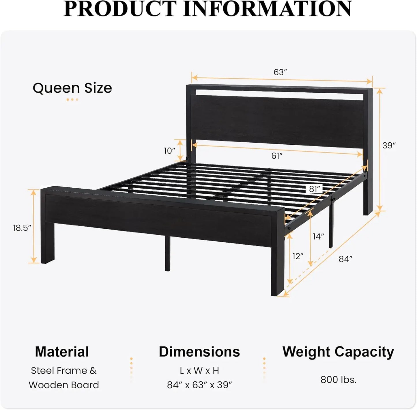 14 Inch Queen Size Metal Platform Bed Frame with Wooden Headboard and Footboard, MattrFoundation, No
