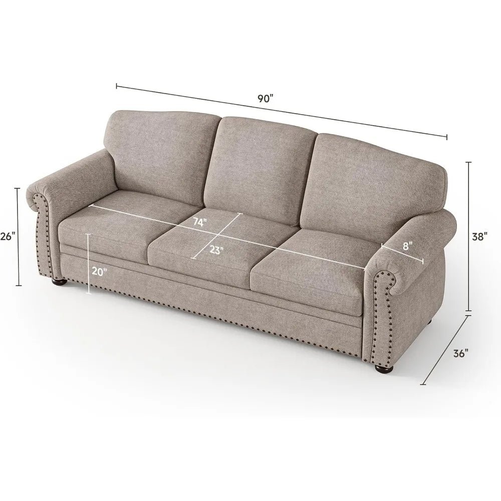 Nailhead Trim Couch for Living Room,Rolled Arm Sofa,Comfy Upholstered Chenille Couch w/Wooden Leg,Traditional Sofa,Customized