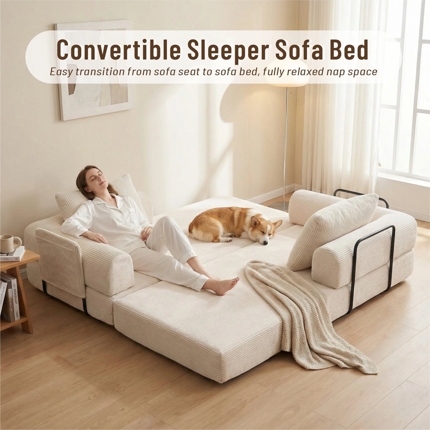 78" Modular Corduroy Sofa Bed with Ottoman, 5in1 Folding Floor Mattress Couch,Sleeper Sofa with Fixed-Shape Frame,Futon Sofa Bed
