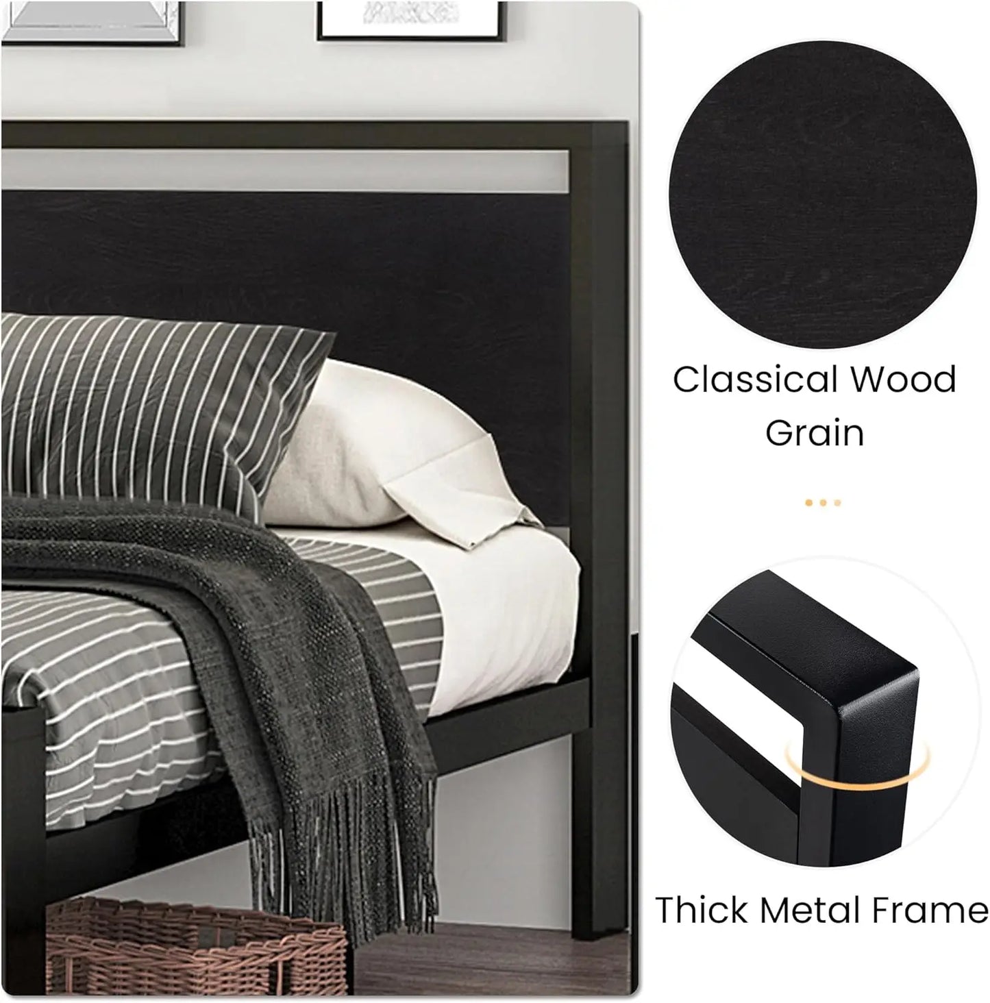 14 Inch Queen Size Metal Platform Bed Frame with Wooden Headboard and Footboard, MattrFoundation, No