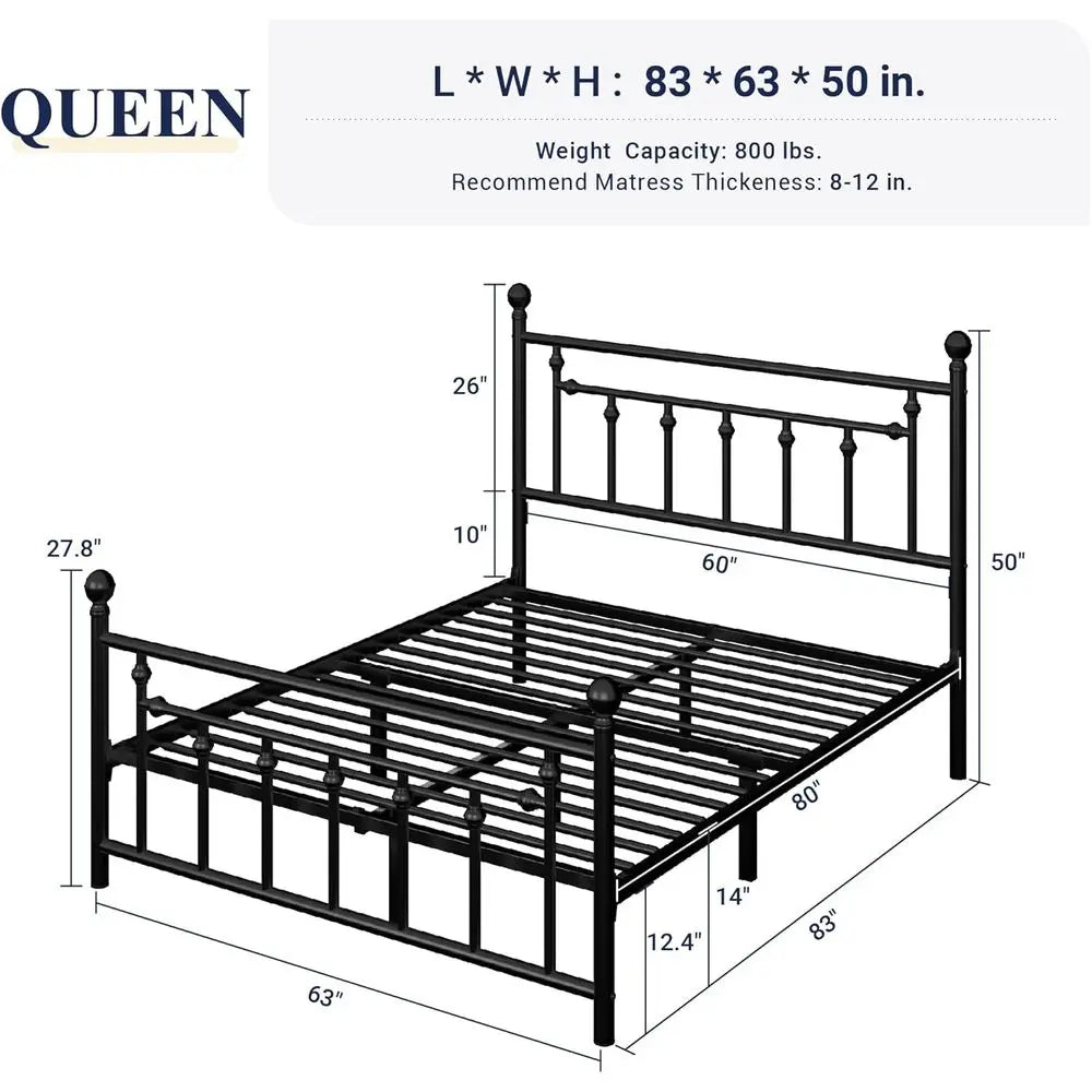 14 Inch Queen Metal Bed Frame with Vintage Headboard, Footboard, Underbed Storage, No Box Spring Needed, Easy Assembly, Black